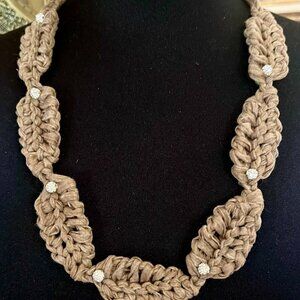 TROPICAL LEAF NECKLACE Handmade~Crocheted with Ribbon Yarn and Rhinestones